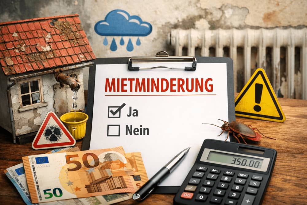 Symbolbild zur Mietminderung mit Mietvertrag, Wohnung, Paragraphenzeichen und Waage