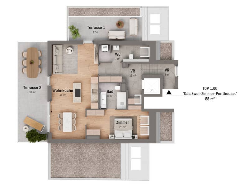 Penthouse in Strebersdorf with terrace and lift