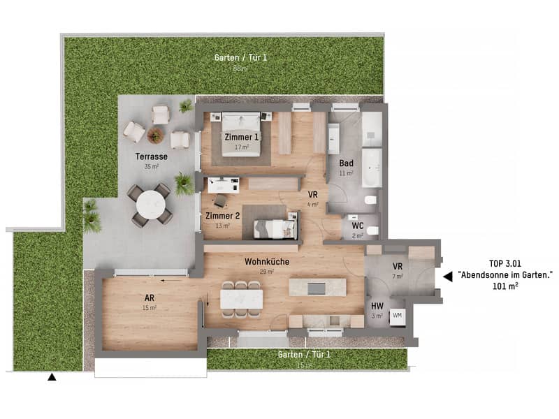 New build apartment with terrace and garden