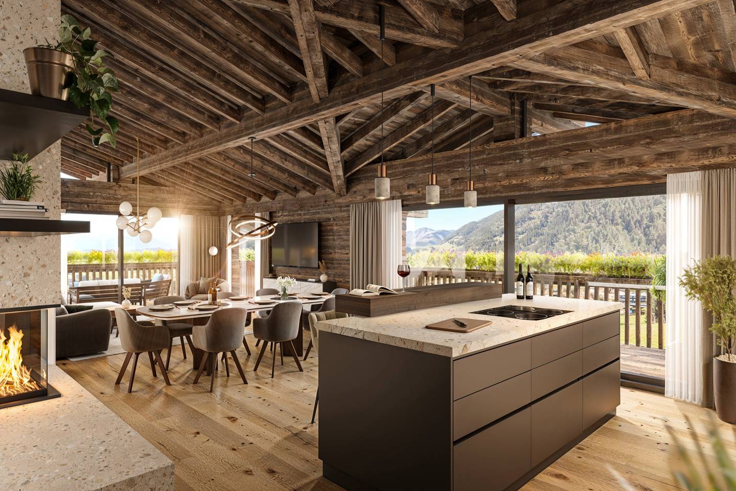 Penthouse with panoramic terrace and fireplace