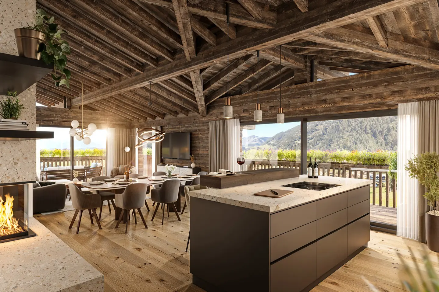 Penthouse with panoramic terrace and fireplace