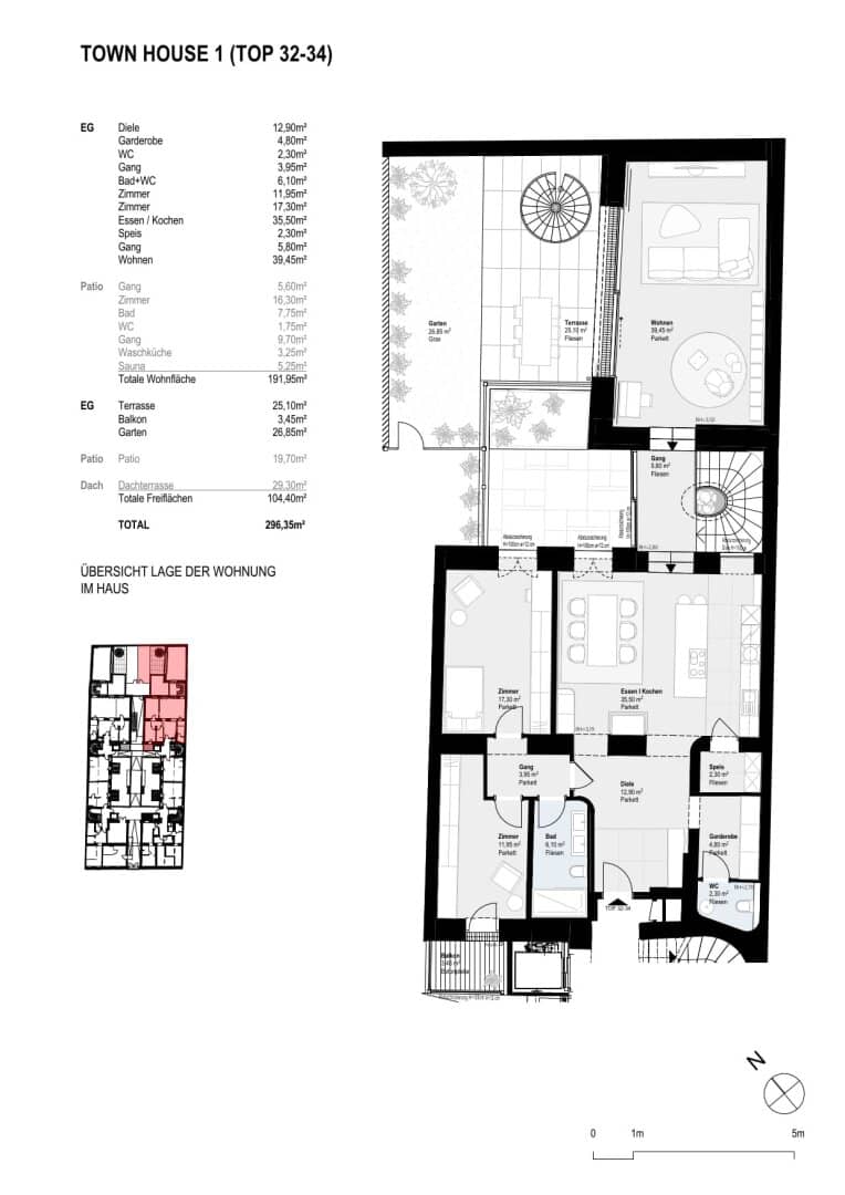 Apartment with garden and roof terrace