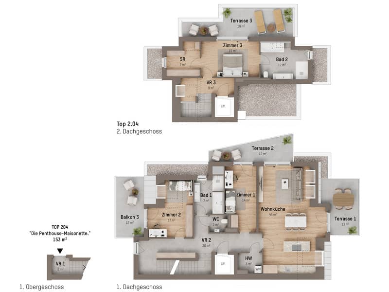 Penthouse two storey with terraces for each room