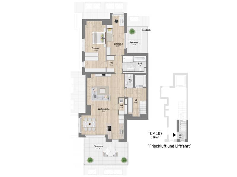 Penthouse three rooms with lift and terrace view