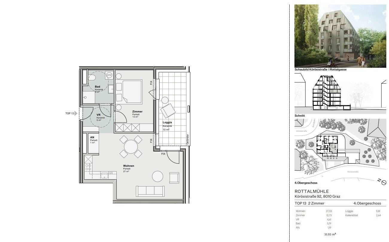 Graz Geidorf apartment newly built loggia lift