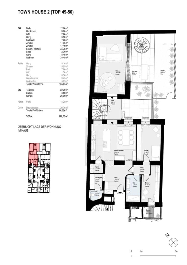 Apartment with garden and roof terrace