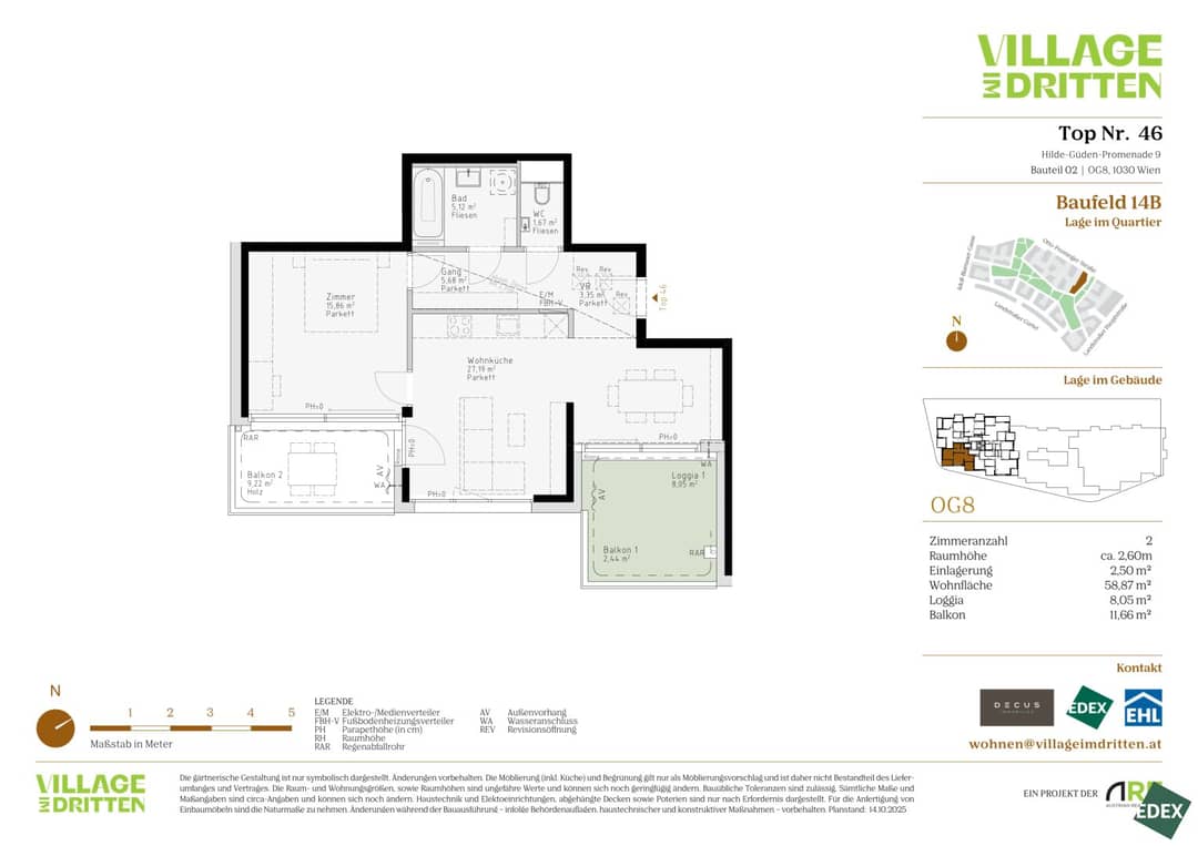 2-Zimmer-Wohnung in Wien 1030, 58,87 m² mit Balkon & Loggia, 8. Etage