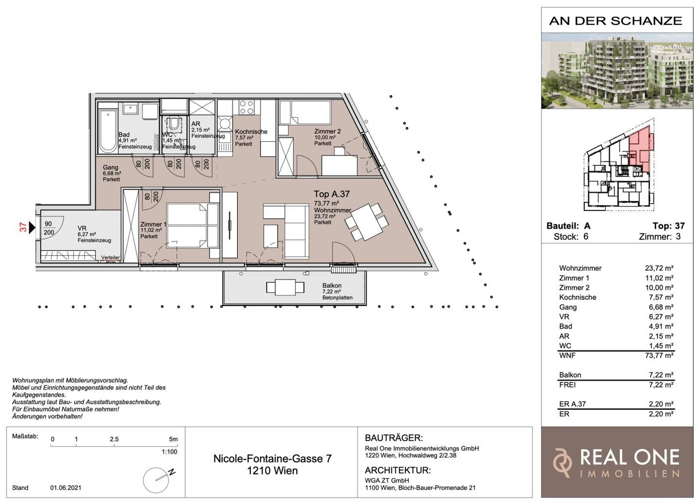 Apartment on the Old Danube with balcony and first occupancy
