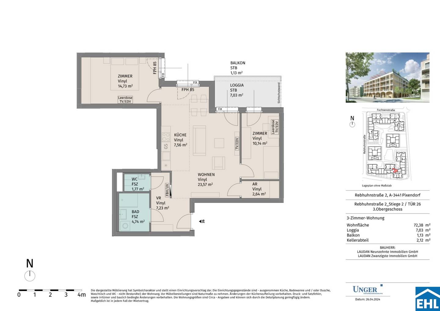 Newly built apartment with balcony in green area