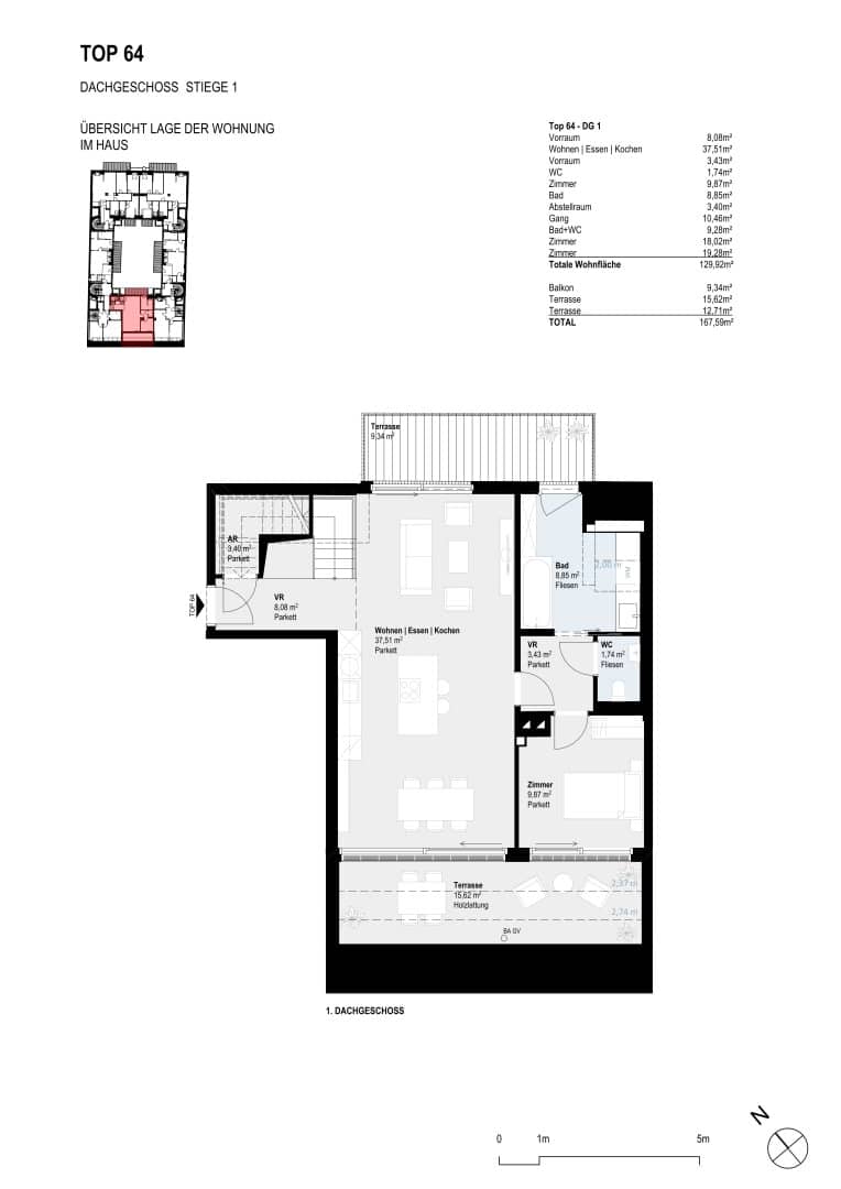 Attic apartment with two terraces newly built
