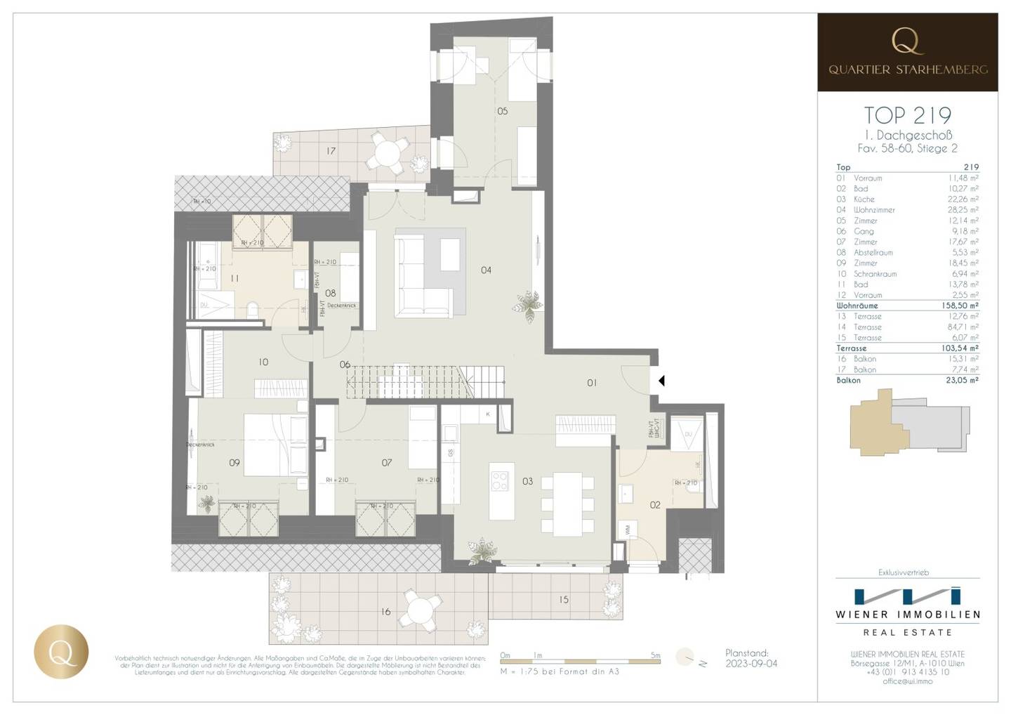 Penthouse mit Dachterrasse und Parkett im historischen Quartier