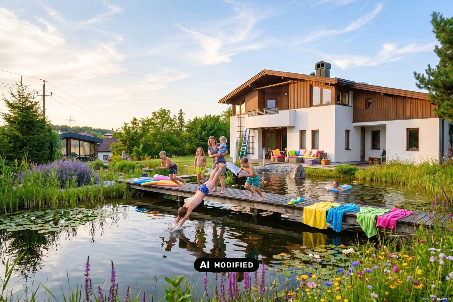 Exklusivität und Privatsphäre pur auf 2.610 m2 Grundfläche! Von der Terrasse in den Schwimmteich.