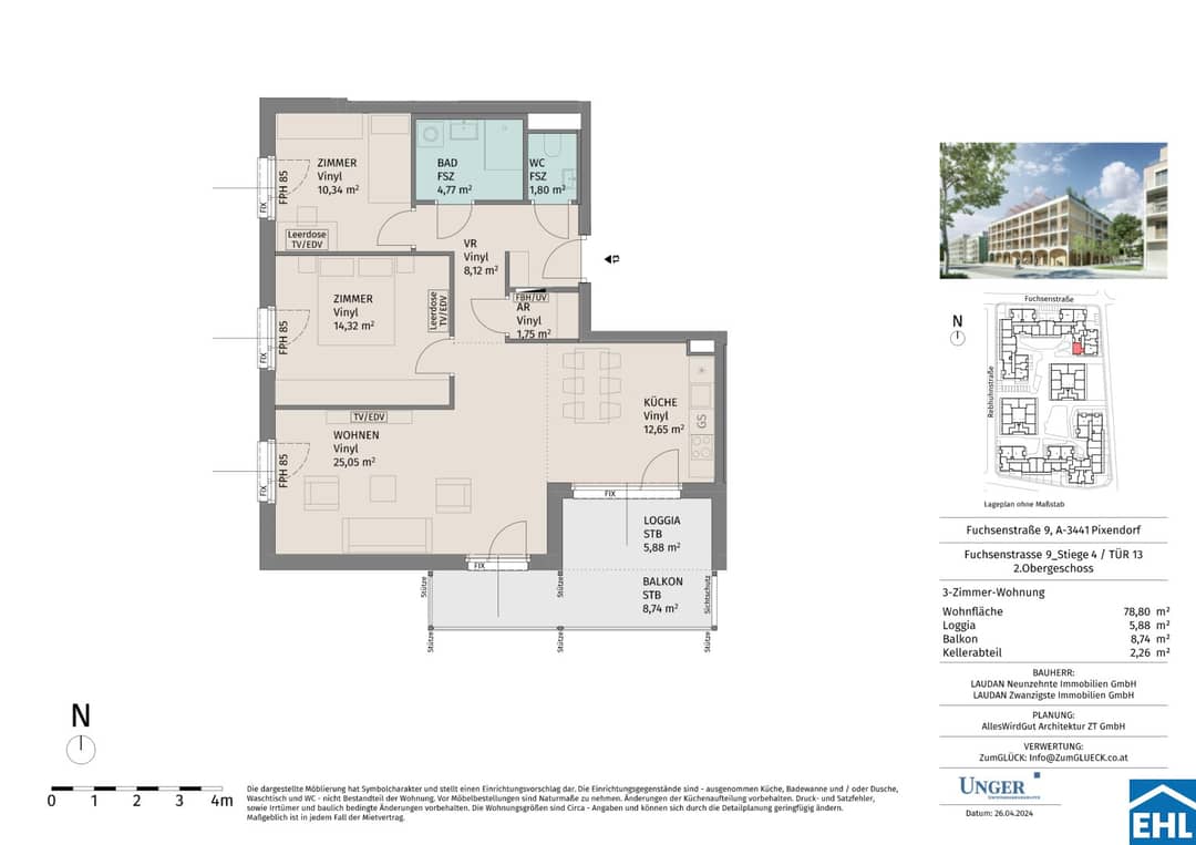 Wohnung with balcony and elevator in new build