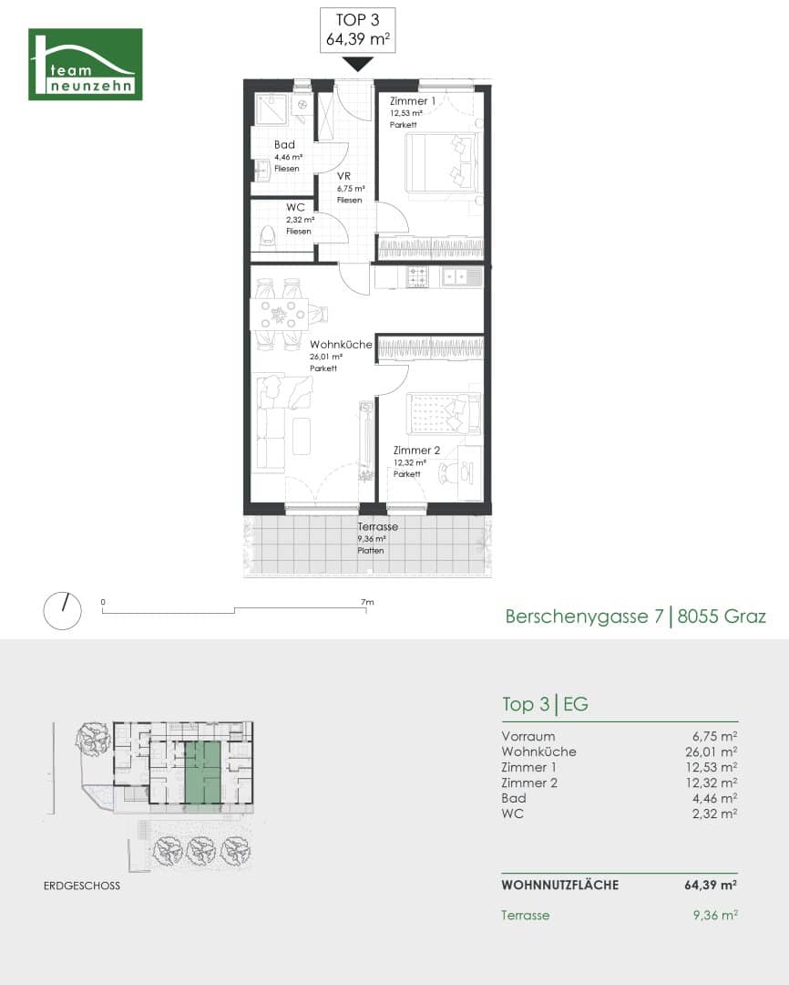 Wohnung im Erdgeschoss mit Terrasse und Innenhofblick