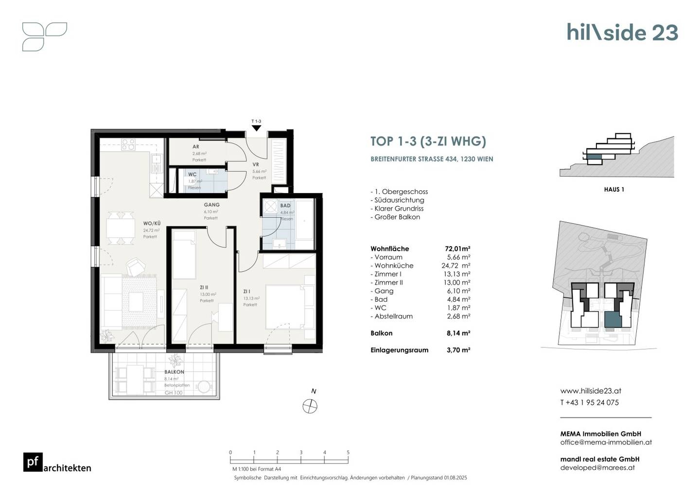 High-quality 3-room apartment with balcony for sale