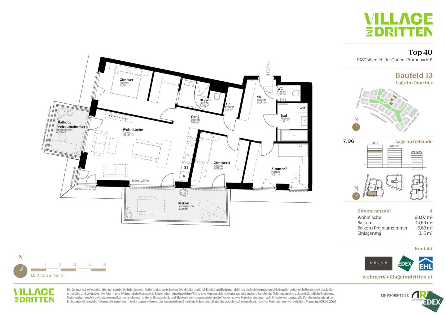 Terrassenwohnung in Wien-Landstraße: ca. 98 m², 2 Balkone, 2 Bäder
