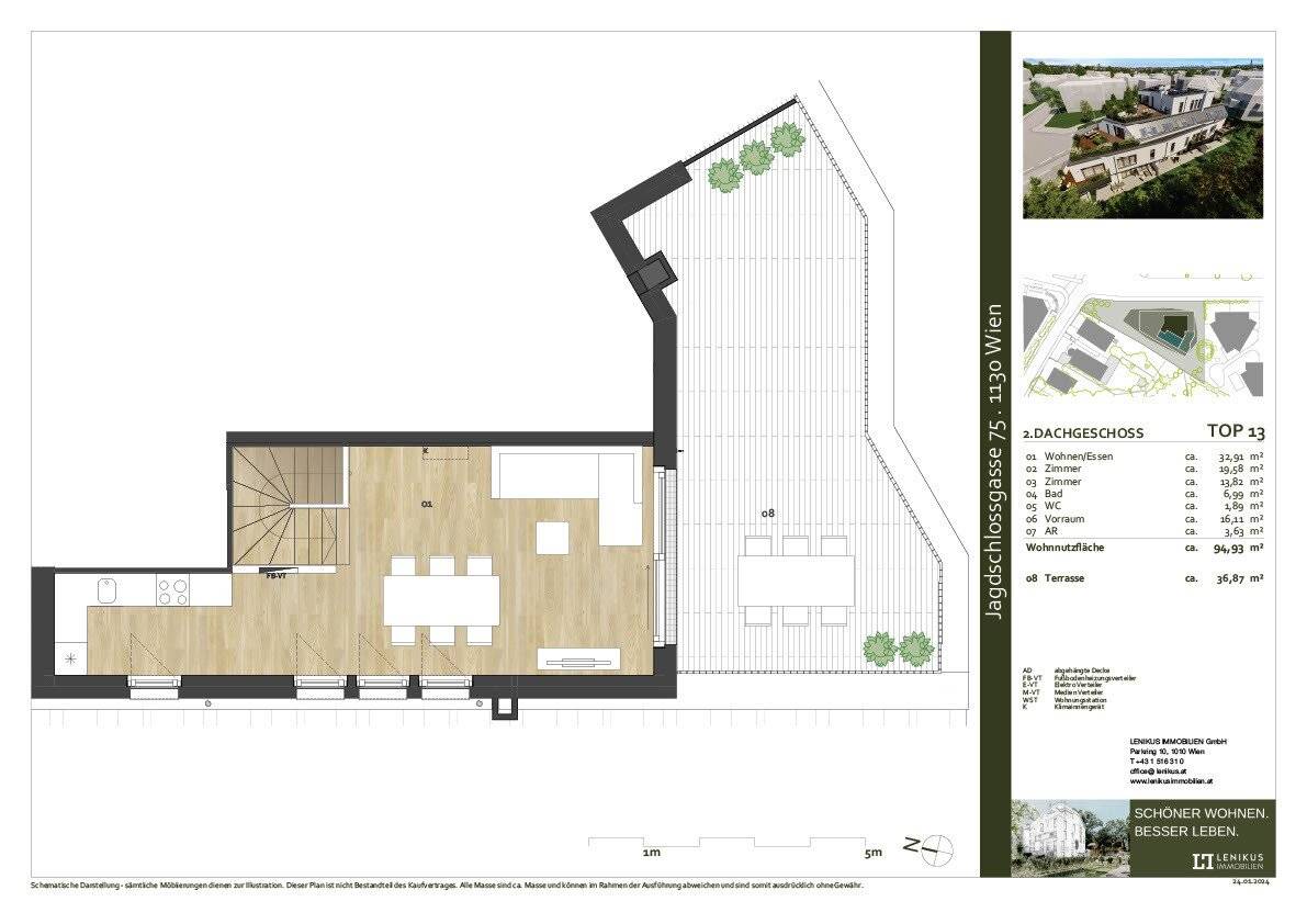 Top floor apartment with large terrace and green view