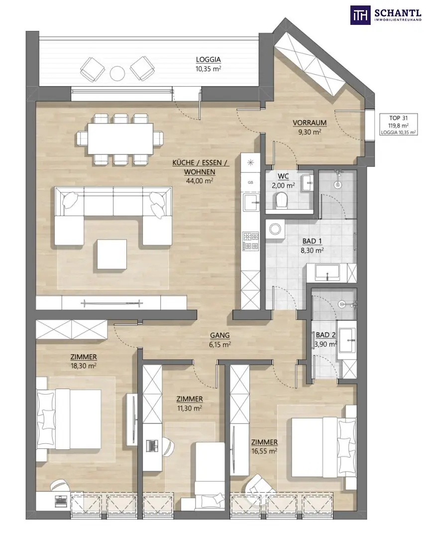 Top floor apartment with south loggia near Hundsturm Park
