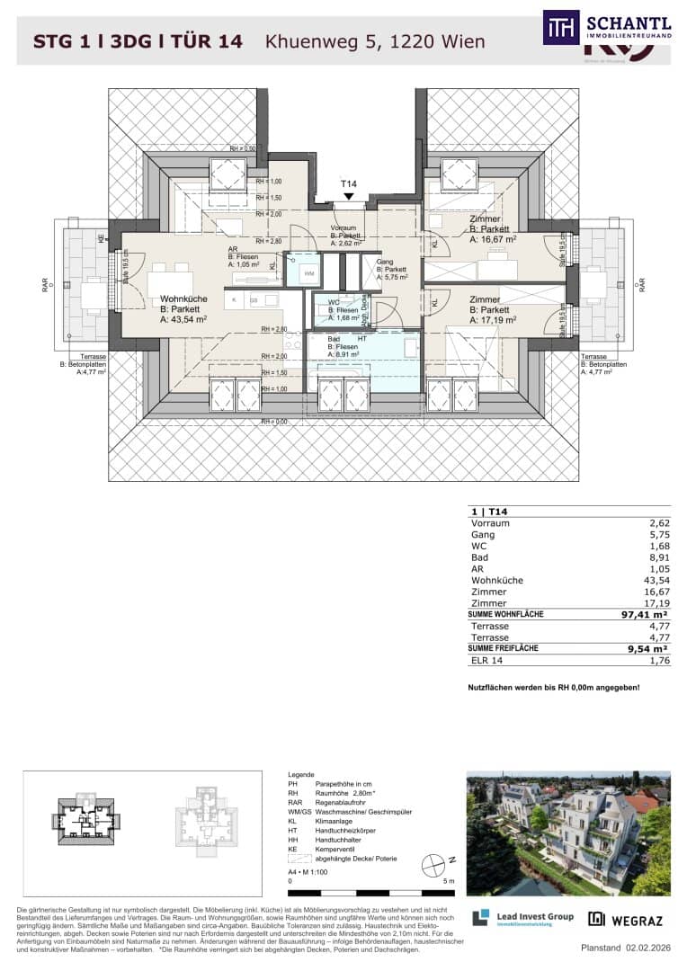 Top floor apartment in green with two terraces