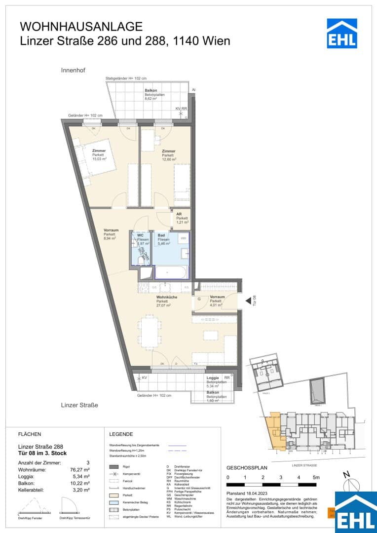 3-Zimmer-Wwohnung in Wien Penzing, Neubau 2024, 75 m², 2 Balkone