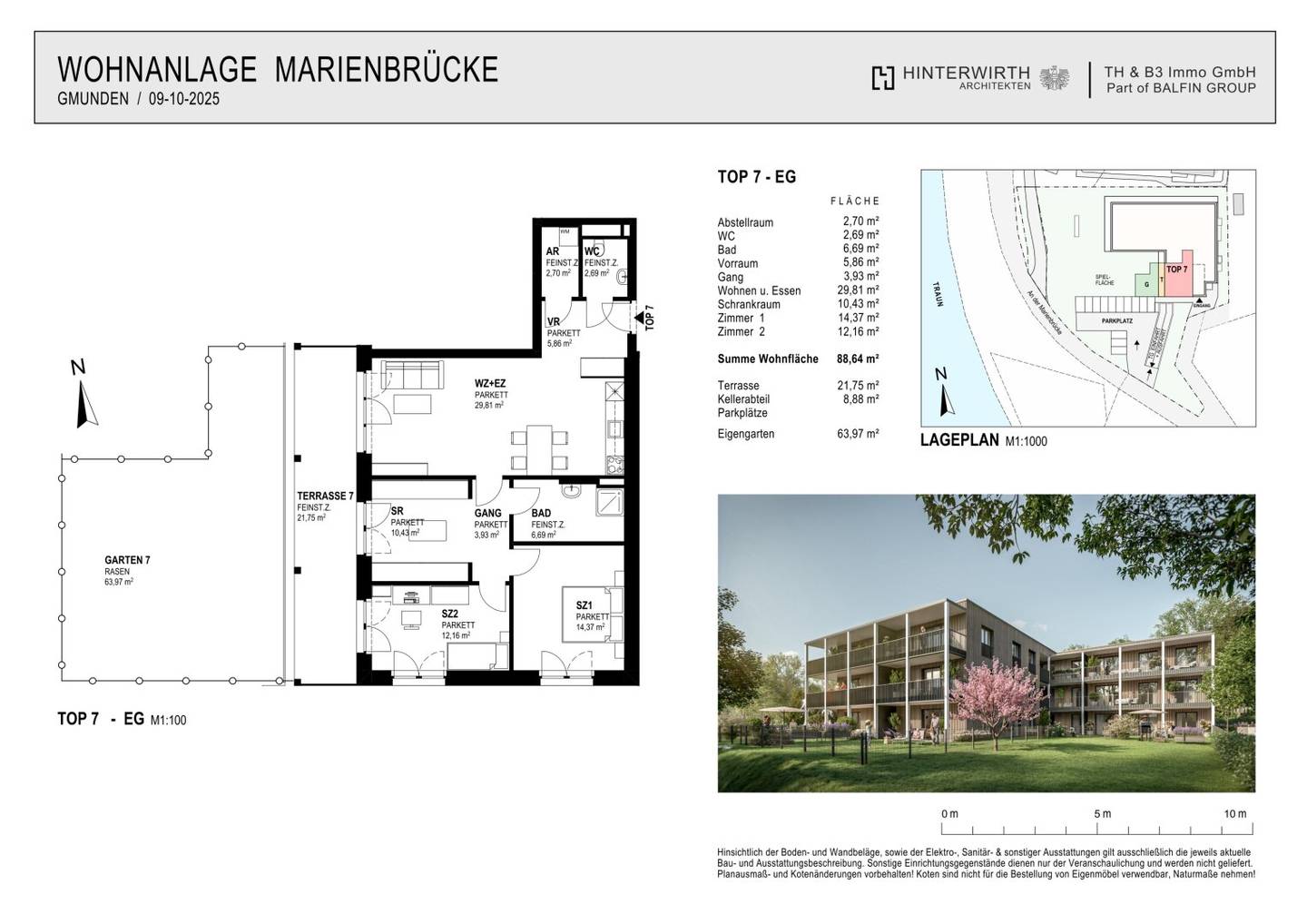 Apartment with private garden and balconies