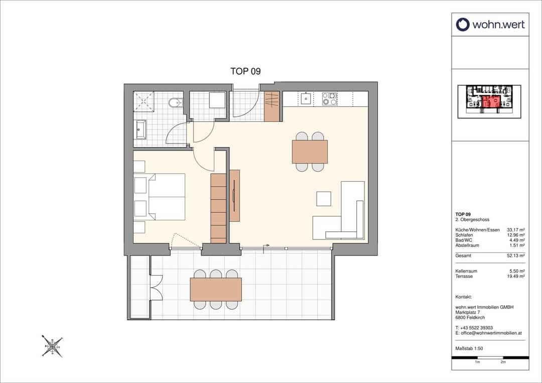 Dachgeschosswohnung in Götzis: 2-Zimmer, Terrasse, Kalkofenweg 24