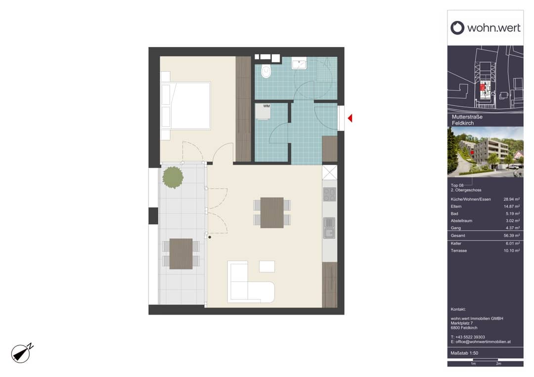 Terrassenwohnung in Feldkirch, 2 Zimmer, 56 m², große Terrasse