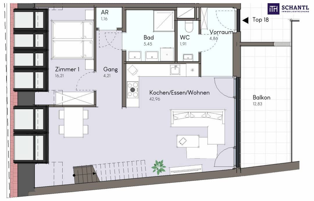 Top floor apartment with roof terrace and balcony