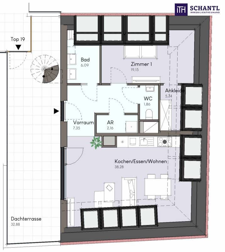 Top floor apartment in center with roof terrace