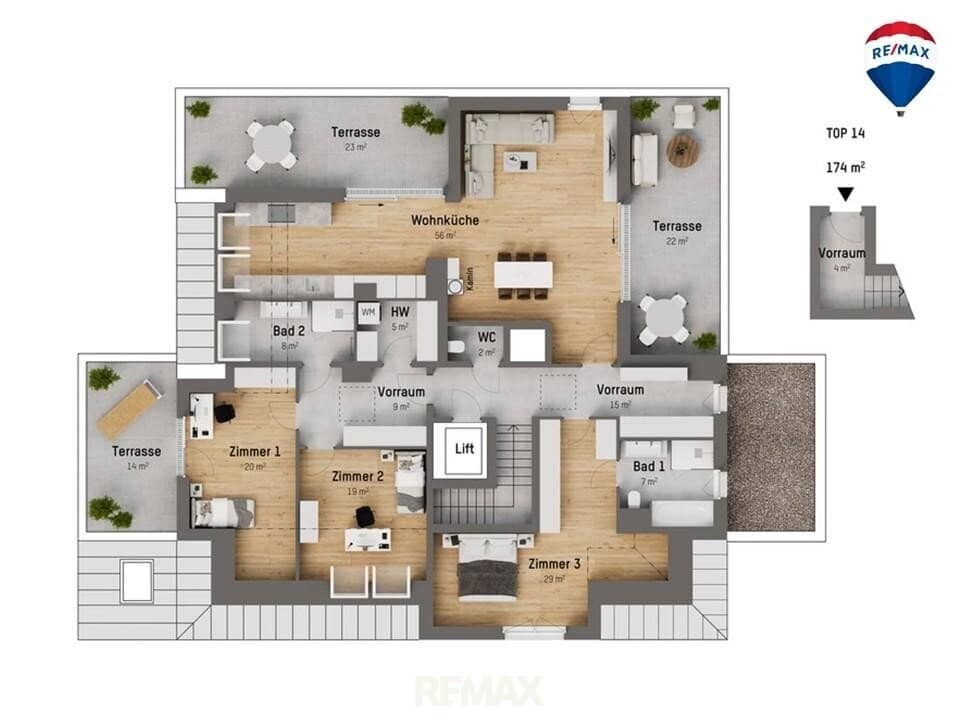 Penthouse mit drei Terrassen nahe U1 Kagraner Platz