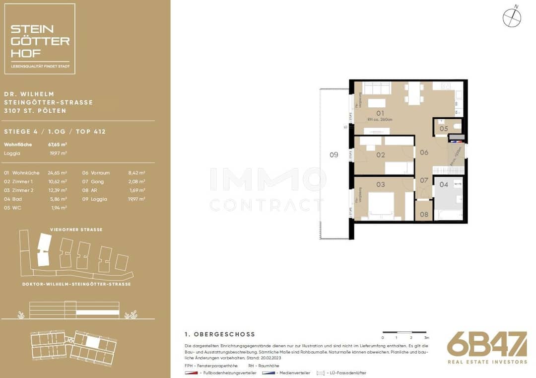 Etagenwohnung in St. Pölten, Traisenpark – 3 Zimmer, Loggia 20 m²