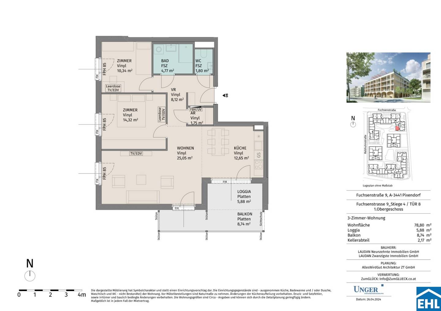 New build apartment with balcony in green surroundings