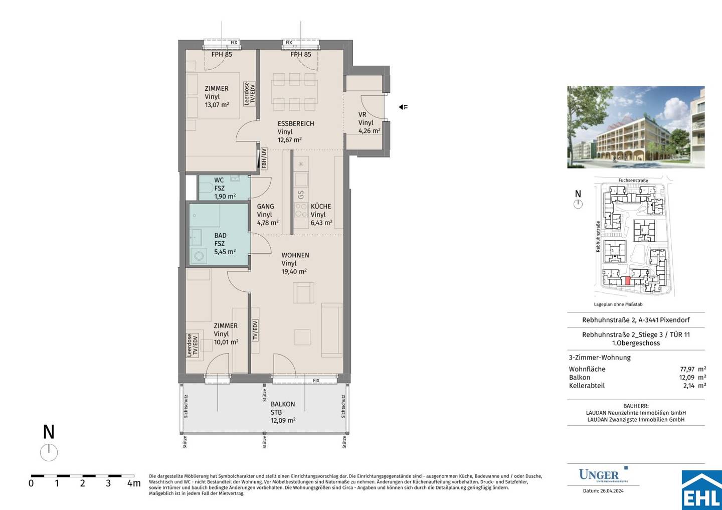 New build apartment with balcony in the Tullnerfeld area green and well located