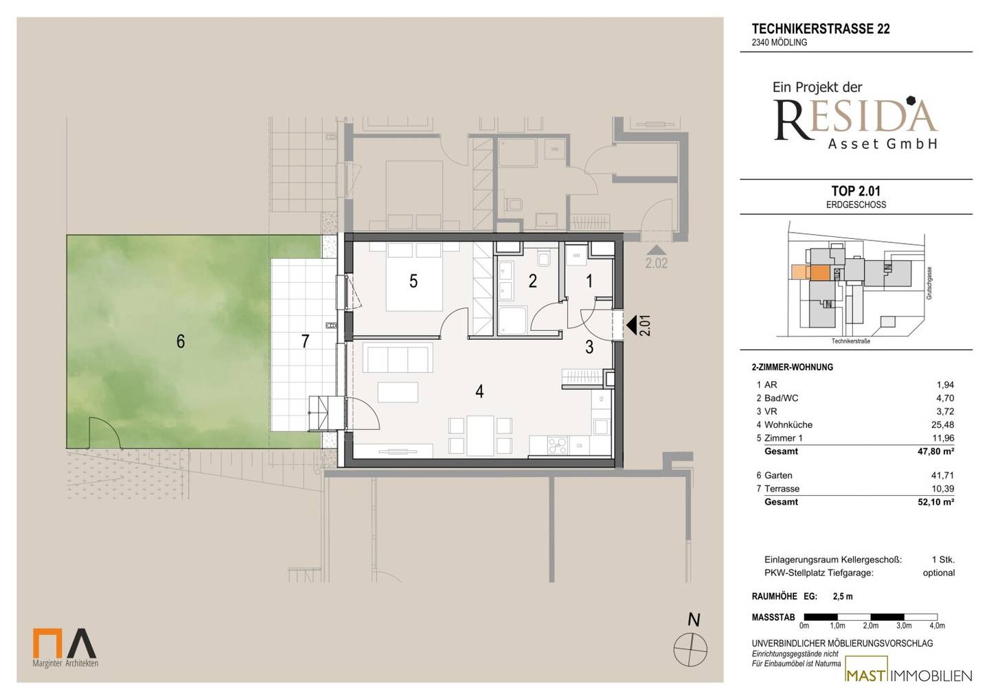 Gartenwohnung in Mödling – 2-Zimmer EG mit Terrasse & Garten, 47,86 m²