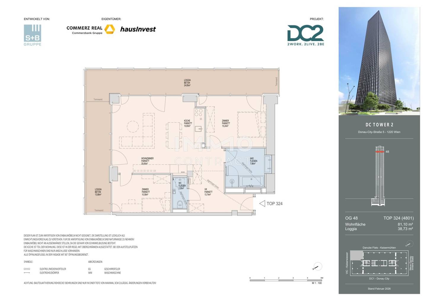 3-Zimmer-Wohnung im DC Tower, Donau-City – zwei Loggien Kaiserwasser