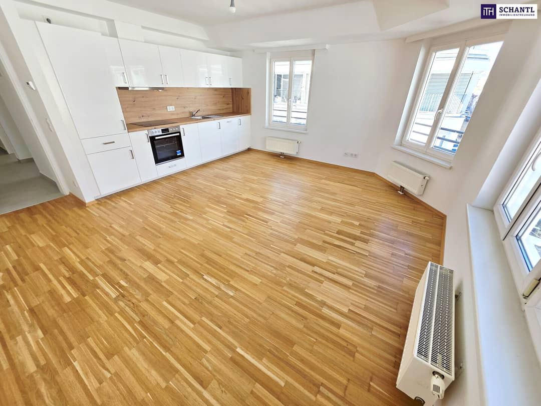 Dachgeschosswohnung helles Wohnzimmer mit Einbauküche