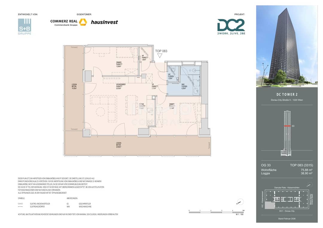 Etagenwohnung mit Loggia, DC2 Tower – 3 Zimmer in Wien Donau-City