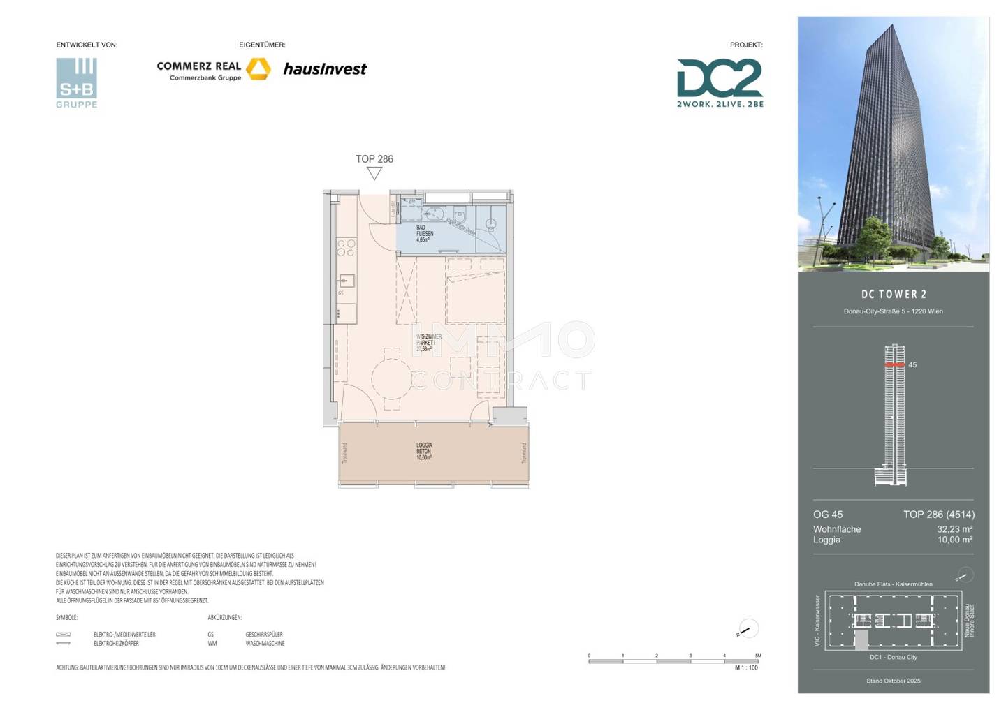 City-Studio im DC2 Tower, 45. Etage mit 10 m² Loggia und Fernblick