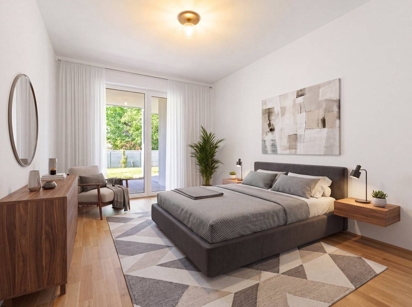 Apartment with own garden and garage space