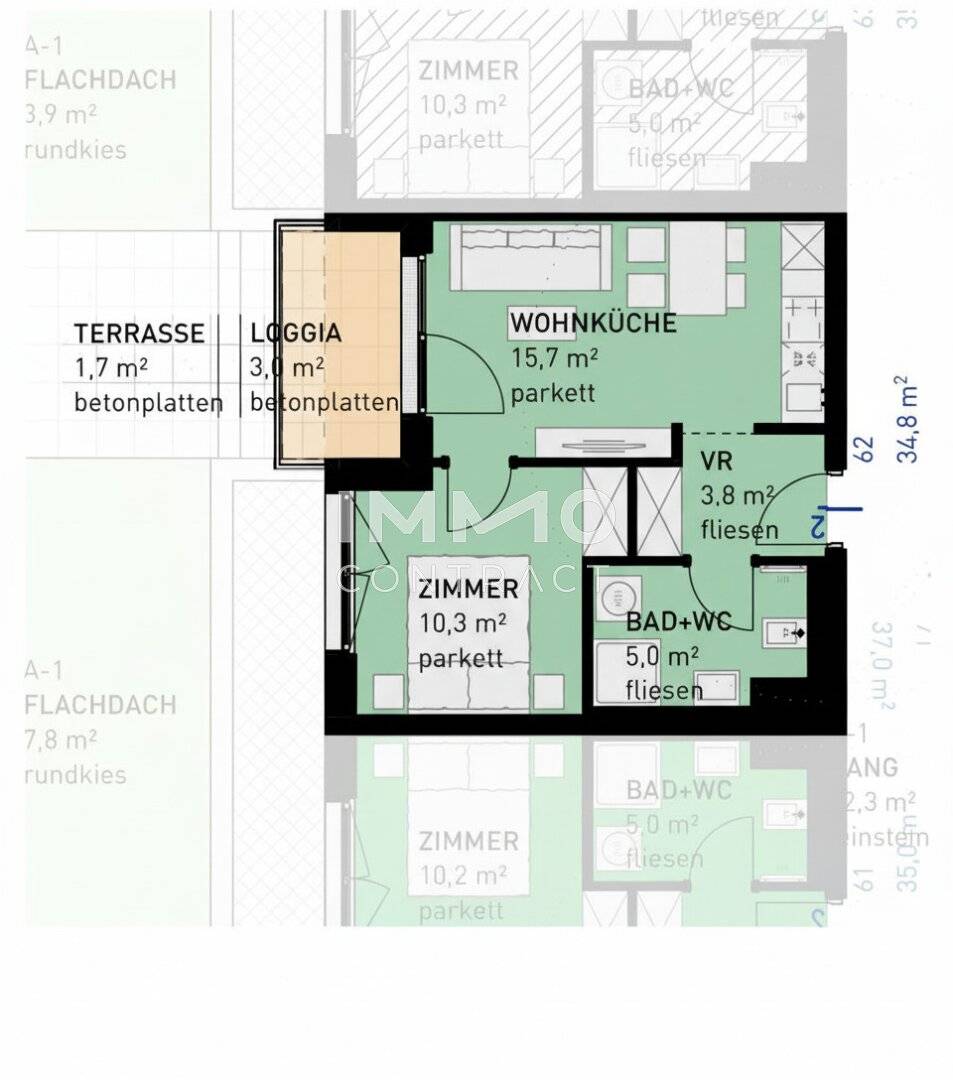 First occupancy apartment with terrace and loggia near U2