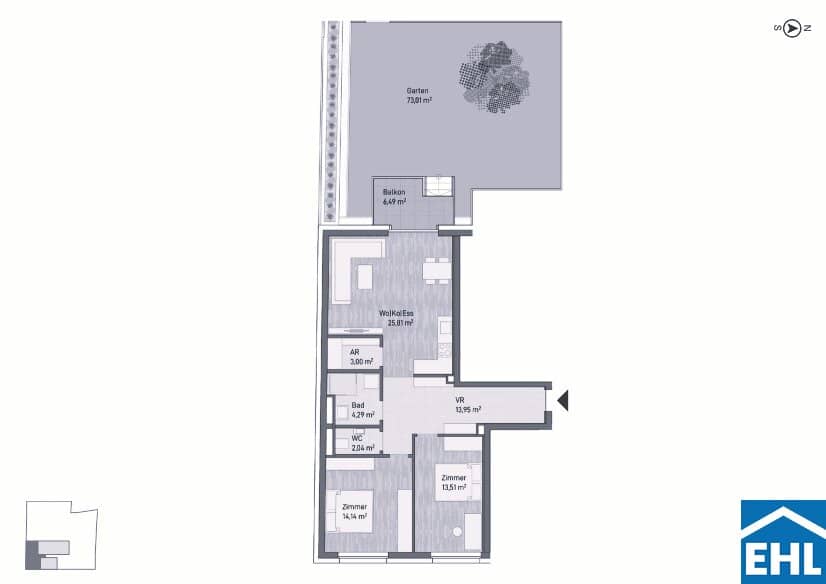 Newly built apartment with garden and balcony