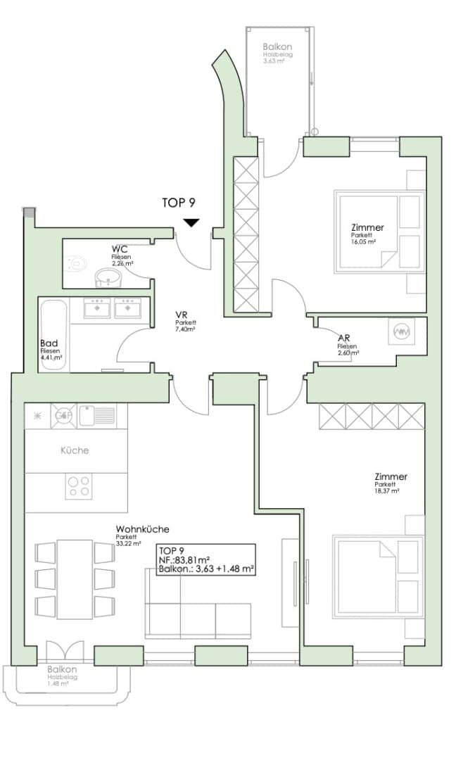 Wohnung Weissgerberviertel Neubau zwei Balkone
