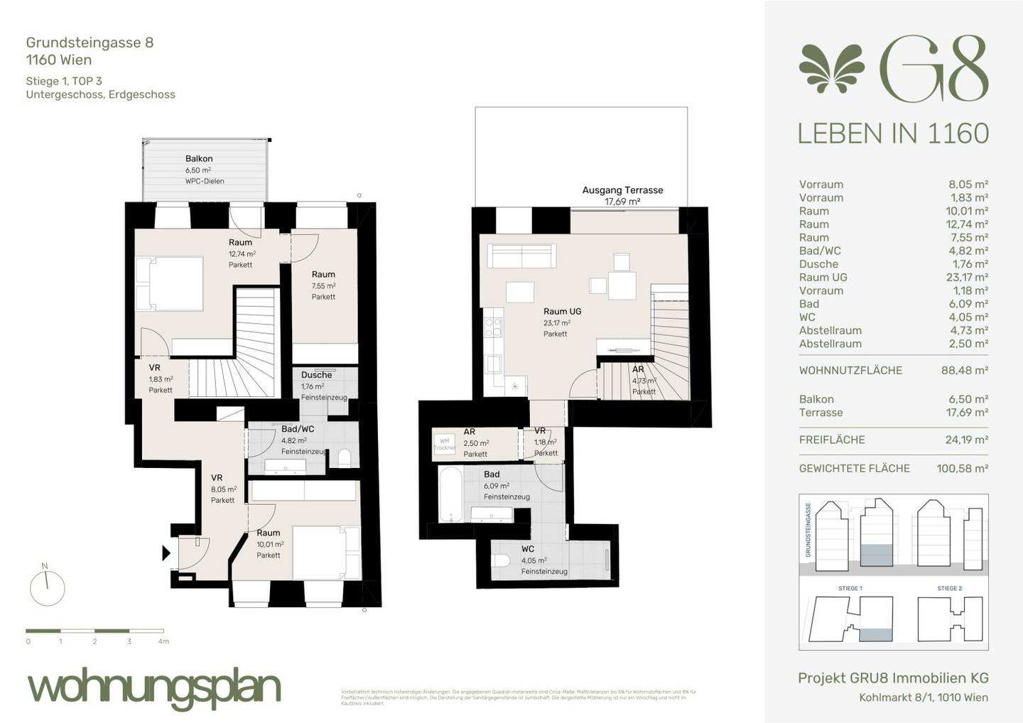Ground floor apartment in historic building with balcony and terrace