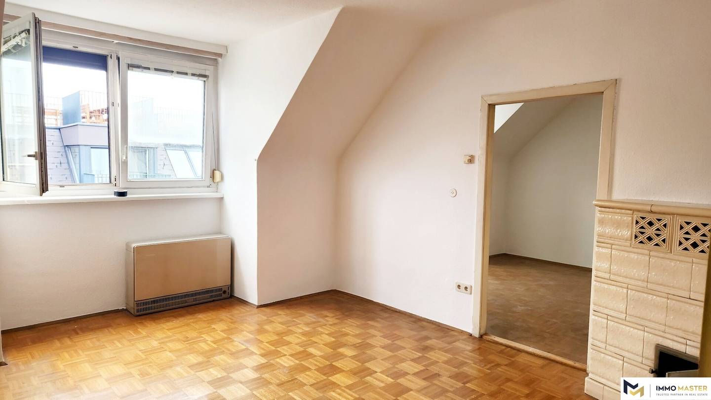 Apartment with city view and fireplace in attic
