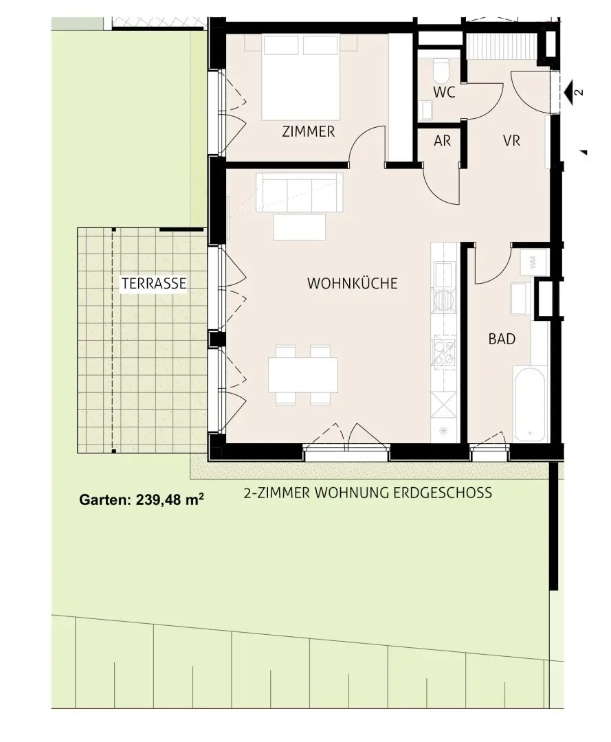 Wohnung mit Garten und zwei Garagen inklusive