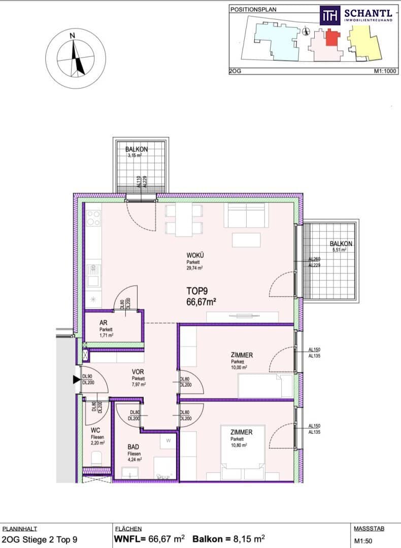 Apartment with bright open plan and two balconies near Vienna