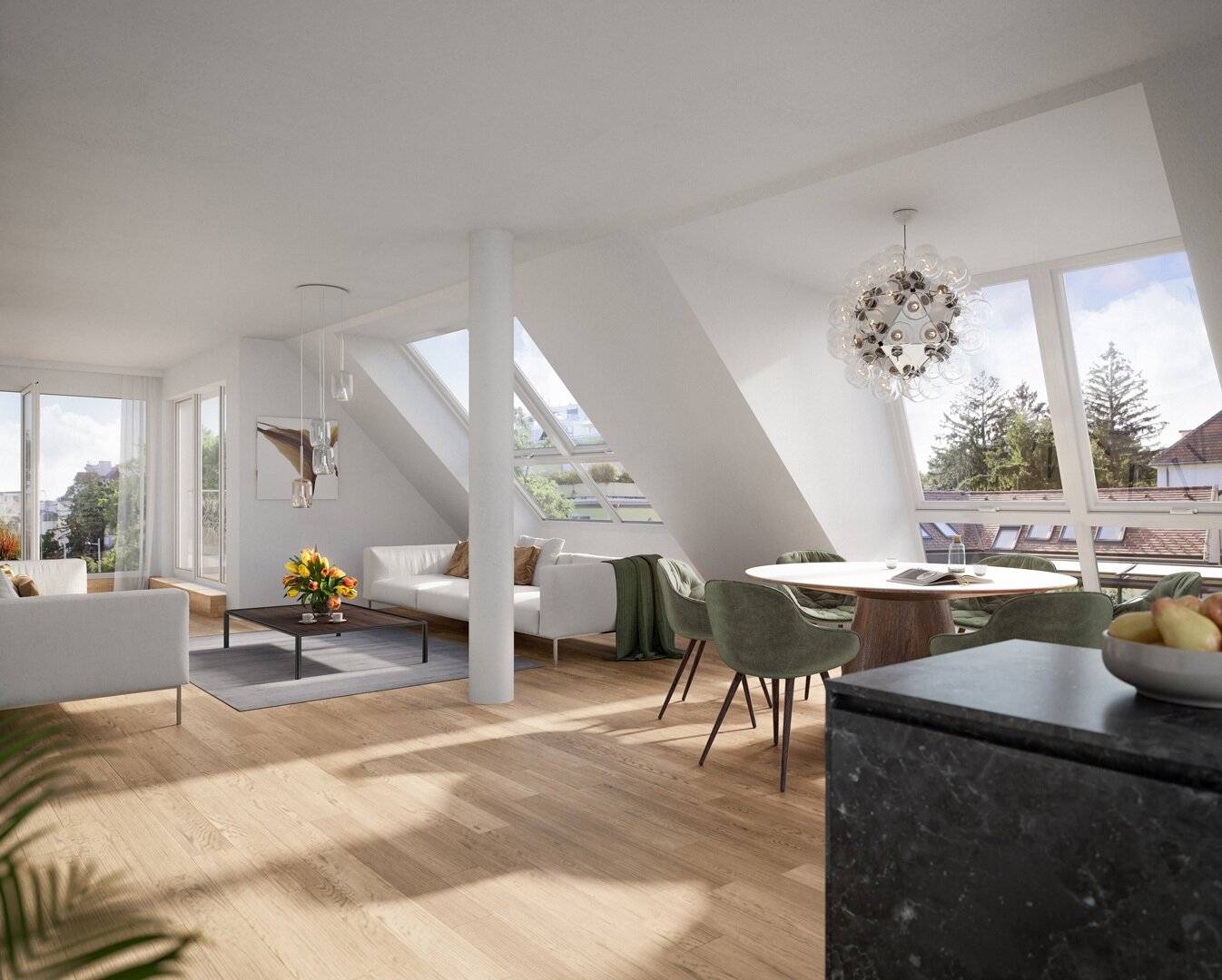 Attic floor apartment with roof terraces and bright living kitchen