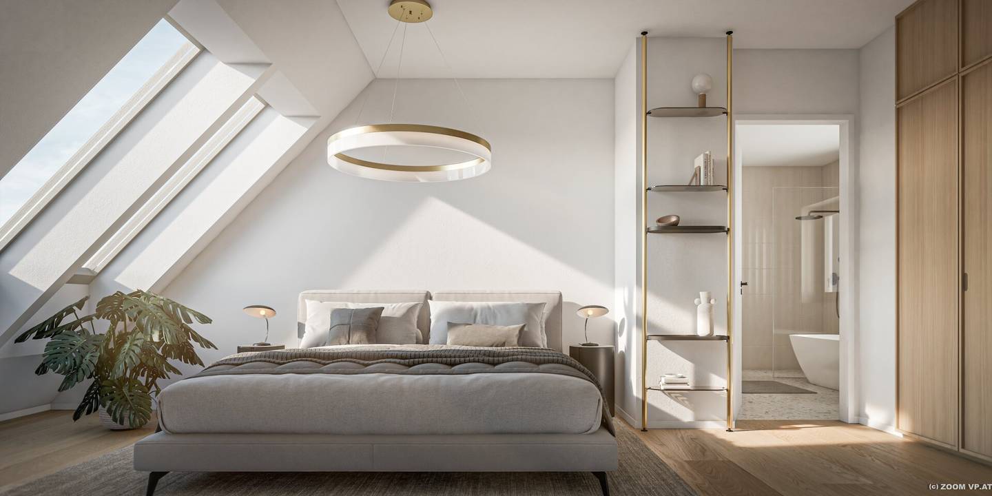 3-room first occupancy with a 14 m² loggia and 39 m² rooftop terrace, directly at Naschmarkt