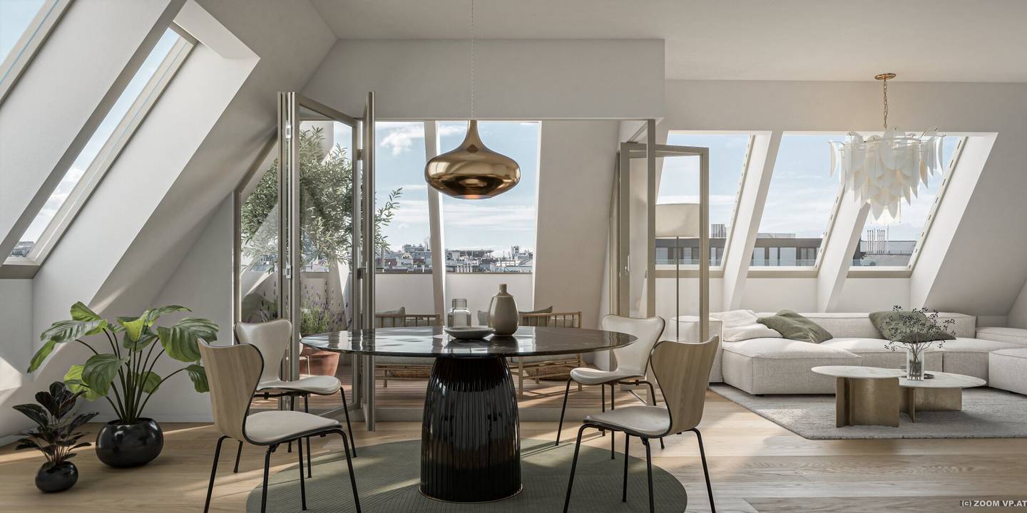 3-room first occupancy with a 14 m² loggia and 39 m² rooftop terrace, directly at Naschmarkt