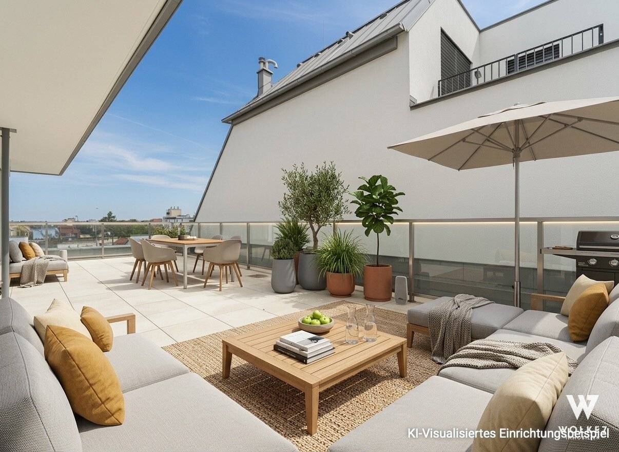 Dachgeschosswohnung nahe U1 Kagraner Platz mit Kamin Klimaanlage und 91 m² Terrasse